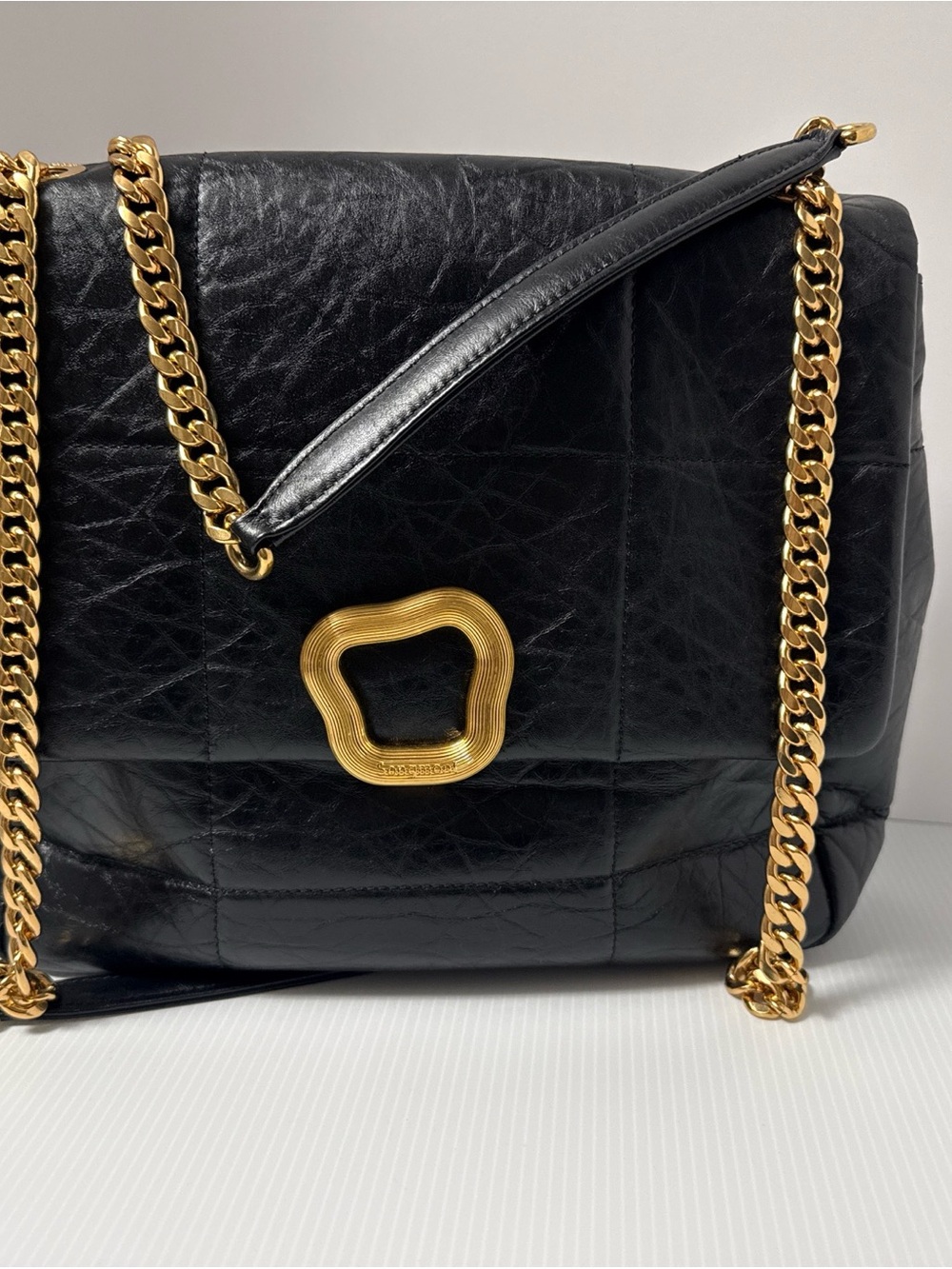 Black Quilted Leather Shoulder Bag with Gold Chain